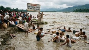 नेपाल से बह रहा सामान बटोरने के लिए उफान में कूद रहे लोग, प्रशासन की चेतावनी बेअसर