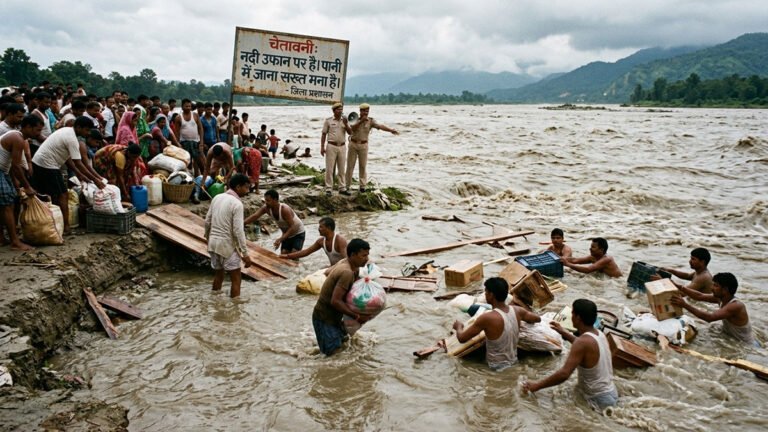 नेपाल से बह रहा सामान बटोरने के लिए उफान में कूद रहे लोग, प्रशासन की चेतावनी बेअसर